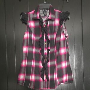 Pink and Black Plaid Sleeveless Blouse